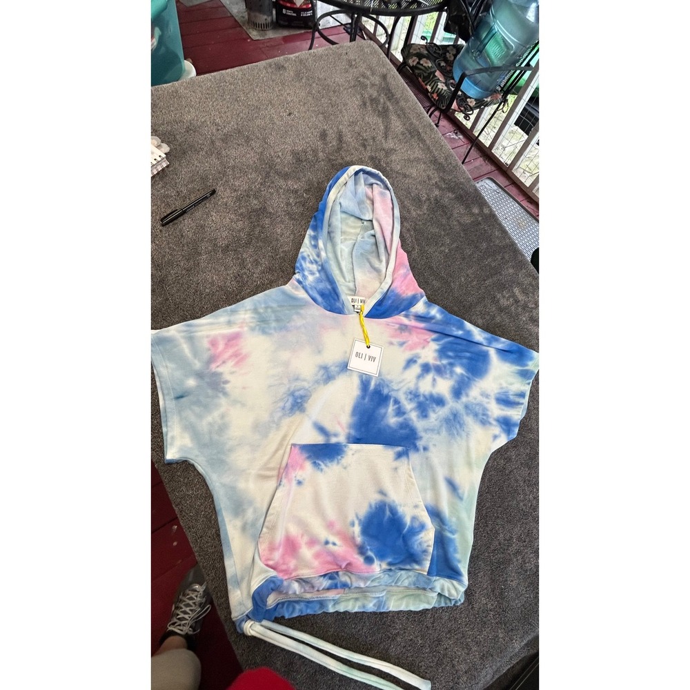OLI VIV Womens Tie Dye Short Sleeve Hoodie Blue Pink Size S NWT
